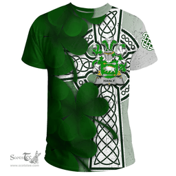 ScotsTee Shop Irish Hanly or O Hanley Coat of Arms Irish Family Crest T Shirt Irish Shamrock Celtic Cross T Shirt