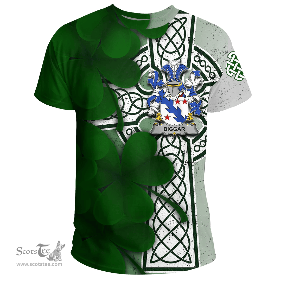 ScotsTee Shop Irish Biggar Coat of Arms Irish Family Crest T Shirt Irish Shamrock Celtic Cross T Shirt