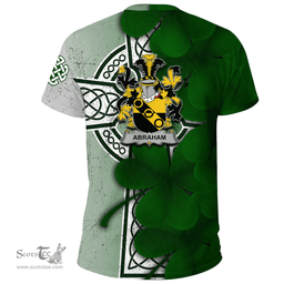 ScotsTee Shop Irish Abraham Coat of Arms Irish Family Crest T Shirt Irish Shamrock Celtic Cross T Shirt