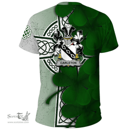 ScotsTee Shop Irish Carleton Coat of Arms Irish Family Crest T Shirt Irish Shamrock Celtic Cross T Shirt