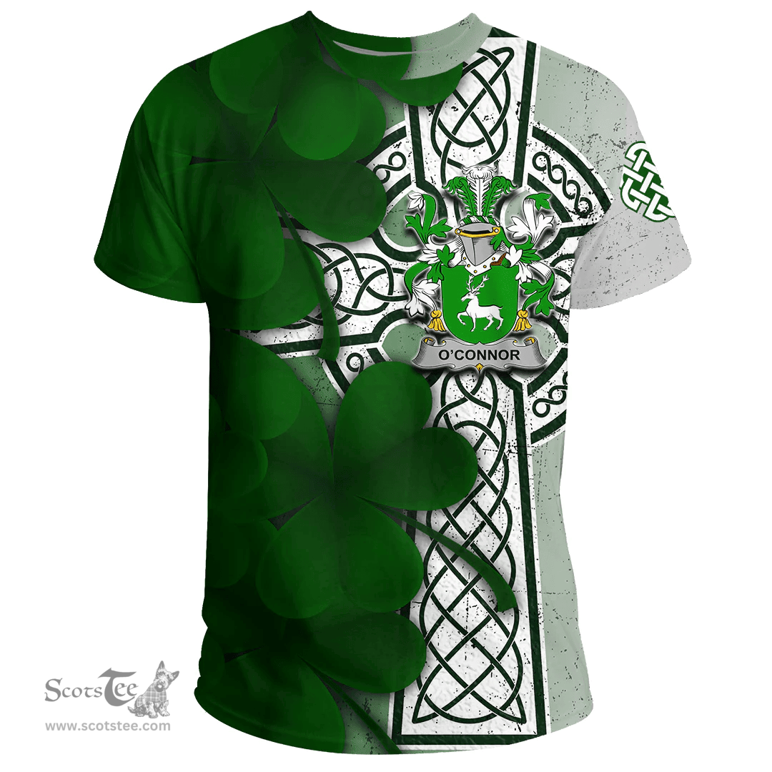 ScotsTee Shop Irish Connor or O Connor (Corcomroe) Coat of Arms Irish Family Crest T Shirt Irish Shamrock Celtic Cross T Shirt