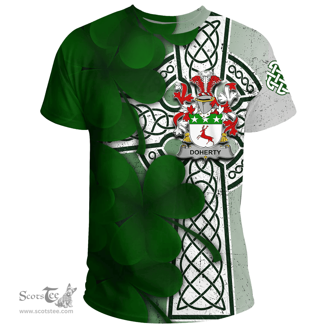 ScotsTee Shop Irish Doherty or O Doherty Coat of Arms Irish Family Crest T Shirt Irish Shamrock Celtic Cross T Shirt