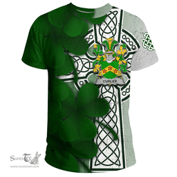 ScotsTee Shop Irish Curley or McTurley Coat of Arms Irish Family Crest T Shirt Irish Shamrock Celtic Cross T Shirt