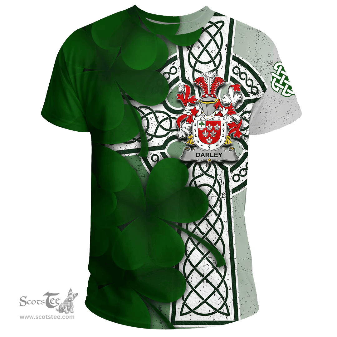 ScotsTee Shop Irish Darley Coat of Arms Irish Family Crest T Shirt Irish Shamrock Celtic Cross T Shirt