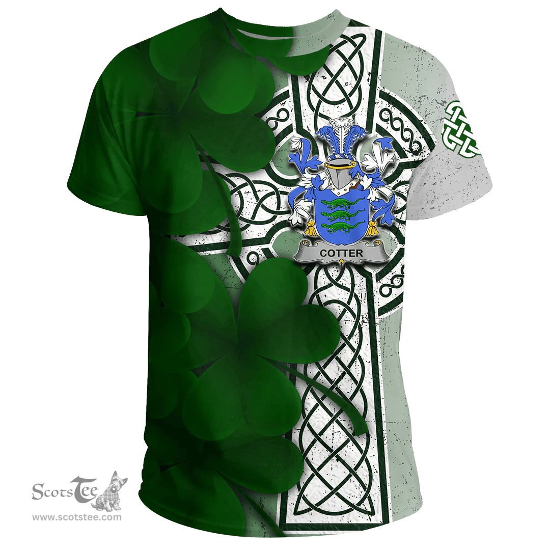 ScotsTee Shop Irish Cotter or MacCotter Coat of Arms Irish Family Crest T Shirt Irish Shamrock Celtic Cross T Shirt