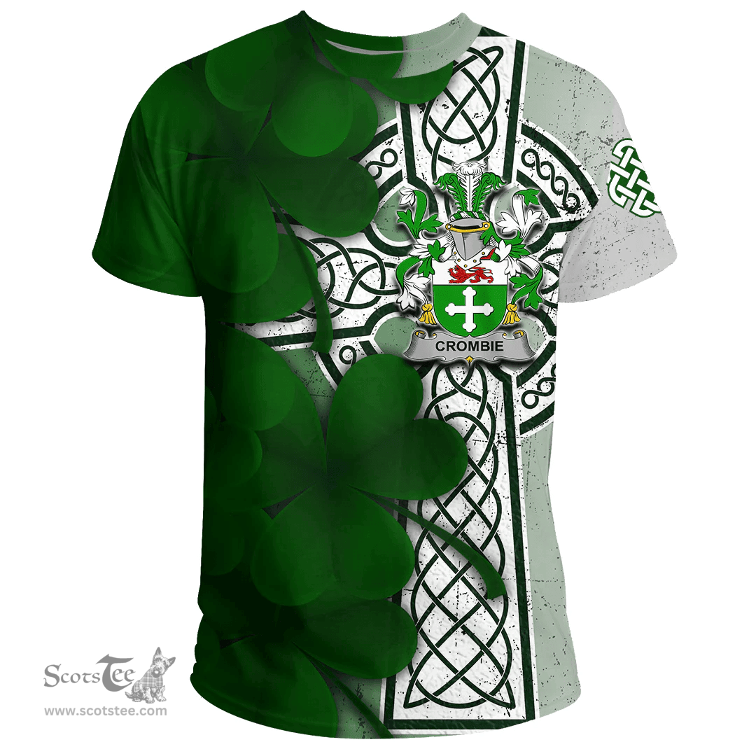 ScotsTee Shop Irish Crombie Coat of Arms Irish Family Crest T Shirt Irish Shamrock Celtic Cross T Shirt