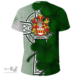 ScotsTee Shop Irish Burges Coat of Arms Irish Family Crest T Shirt Irish Shamrock Celtic Cross T Shirt