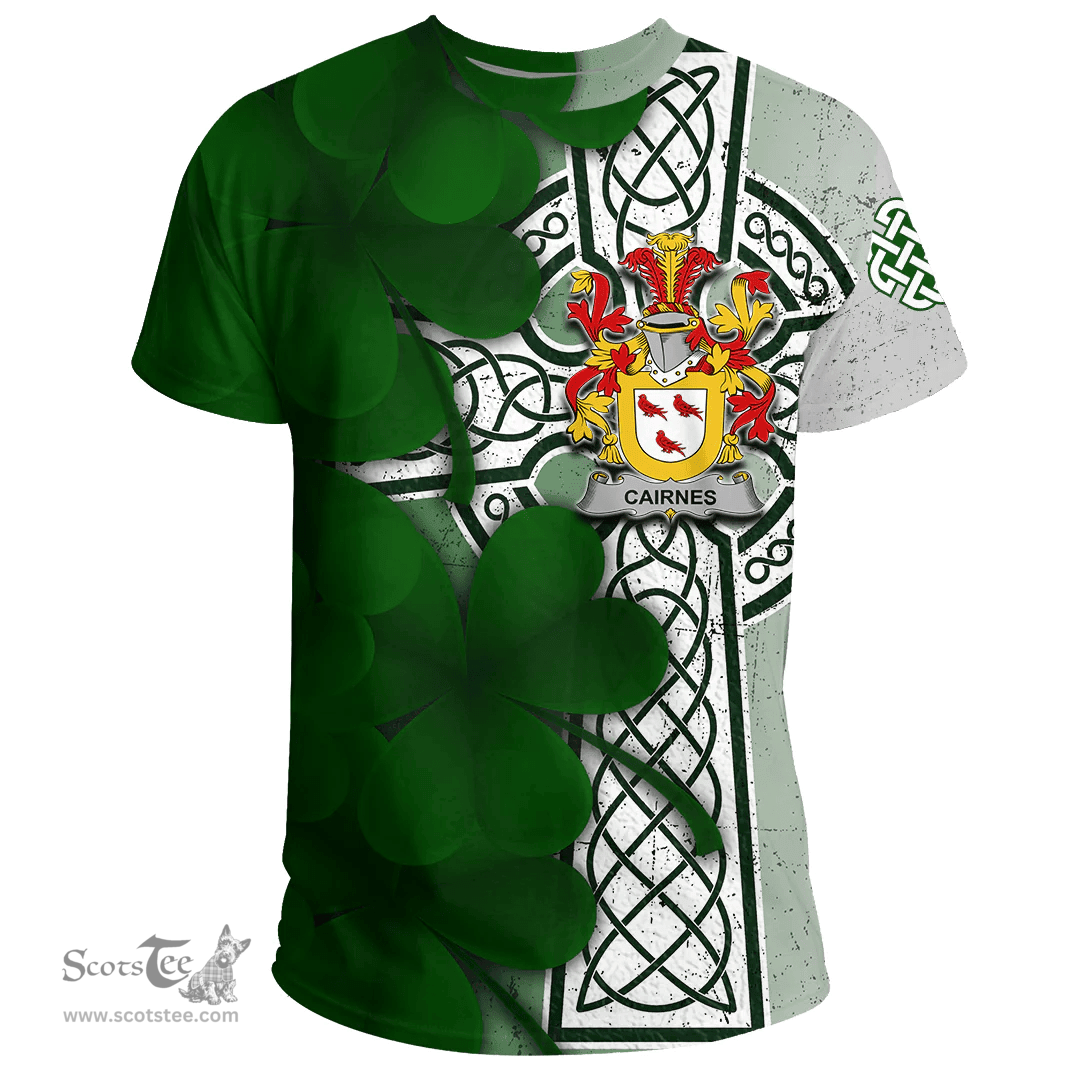 ScotsTee Shop Irish Cairnes Coat of Arms Irish Family Crest T Shirt Irish Shamrock Celtic Cross T Shirt