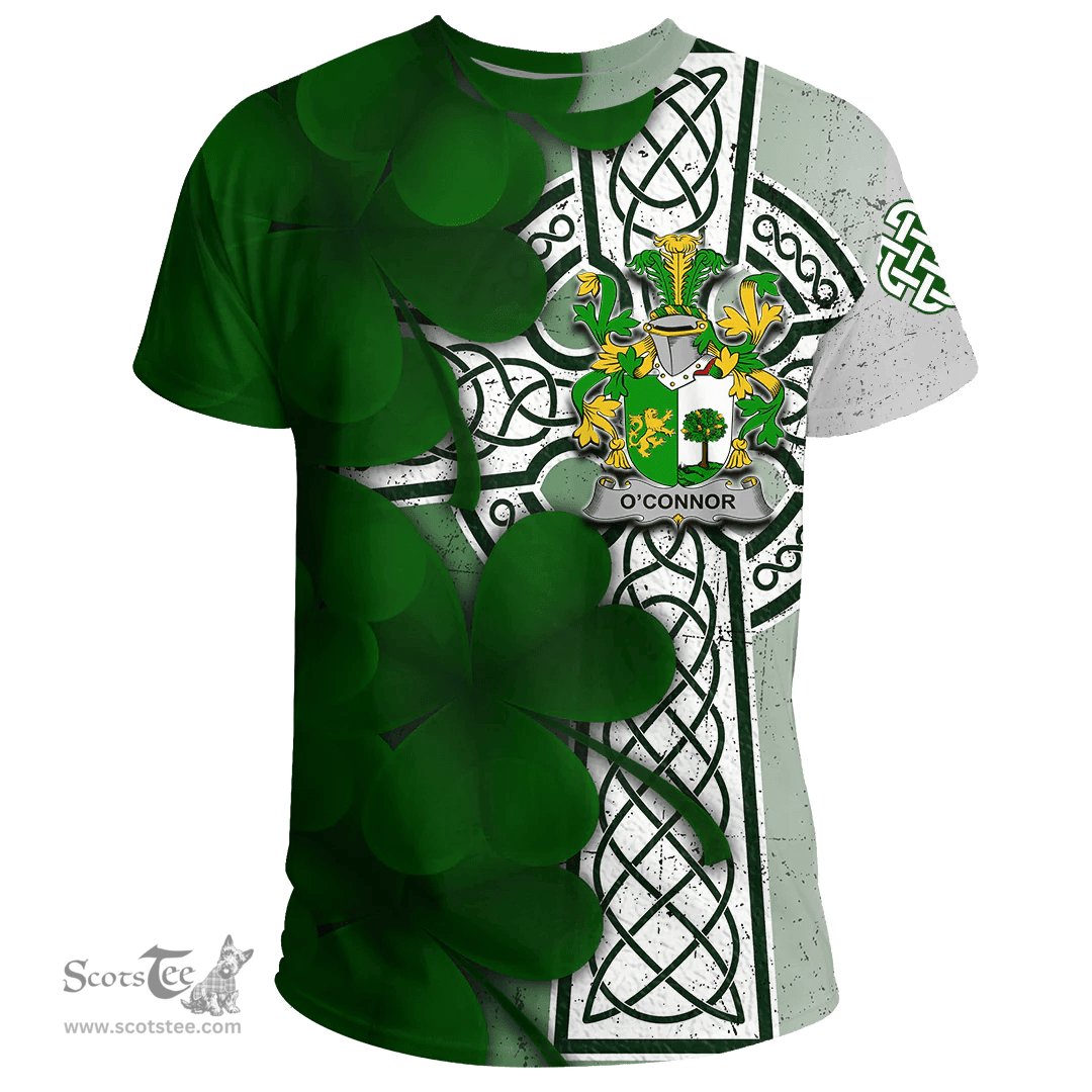 ScotsTee Shop Irish Connor or O Connor (Sligo) Coat of Arms Irish Family Crest T Shirt Irish Shamrock Celtic Cross T Shirt