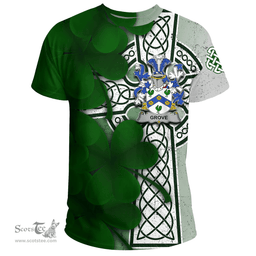 ScotsTee Shop Irish Grove Coat of Arms Irish Family Crest T Shirt Irish Shamrock Celtic Cross T Shirt