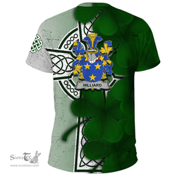 ScotsTee Shop Irish Hilliard Coat of Arms Irish Family Crest T Shirt Irish Shamrock Celtic Cross T Shirt