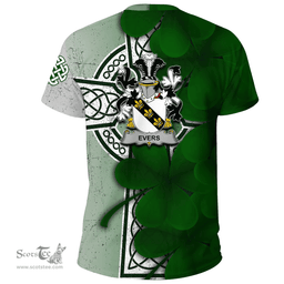 ScotsTee Shop Irish Evers Coat of Arms Irish Family Crest T Shirt Irish Shamrock Celtic Cross T Shirt