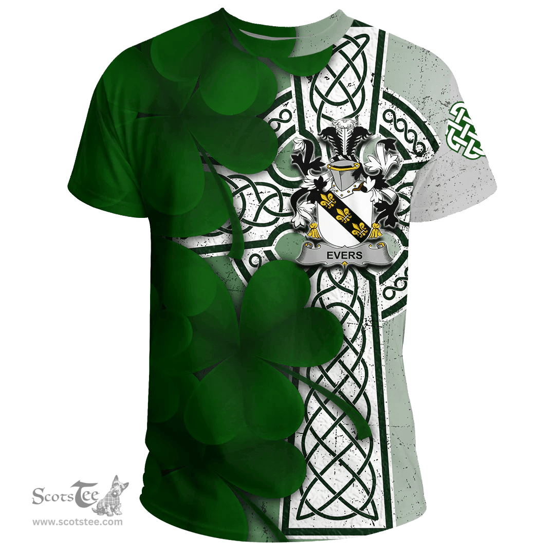ScotsTee Shop Irish Evers Coat of Arms Irish Family Crest T Shirt Irish Shamrock Celtic Cross T Shirt