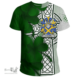ScotsTee Shop Irish Fleury Coat of Arms Irish Family Crest T Shirt Irish Shamrock Celtic Cross T Shirt