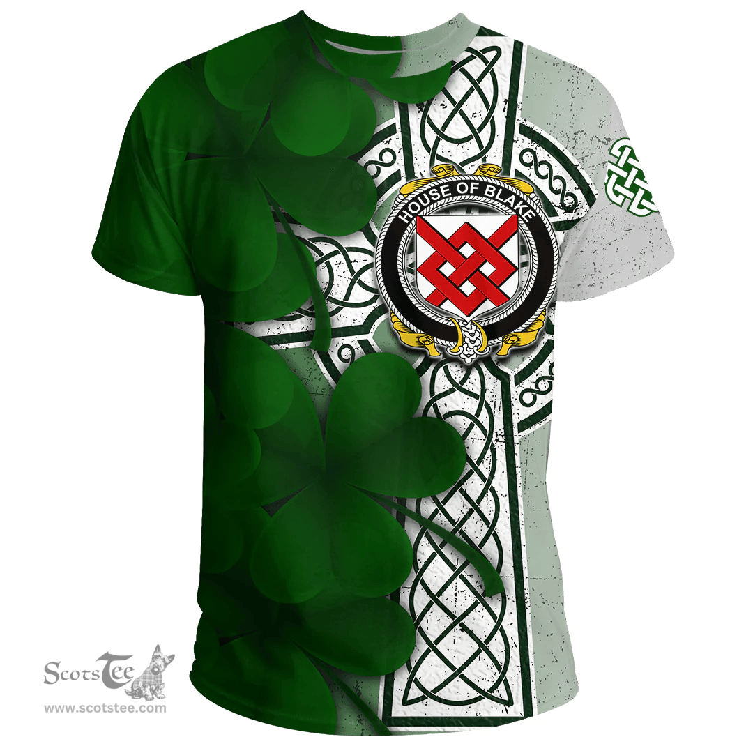 ScotsTee Shop Irish House of BLAKE Coat of Arms Irish Family Crest T Shirt Irish Shamrock Celtic Cross T Shirt