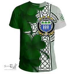 ScotsTee Shop Irish House of HACKETT Coat of Arms Irish Family Crest T Shirt Irish Shamrock Celtic Cross T Shirt