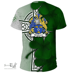 ScotsTee Shop Irish Ferguson Coat of Arms Irish Family Crest T Shirt Irish Shamrock Celtic Cross T Shirt