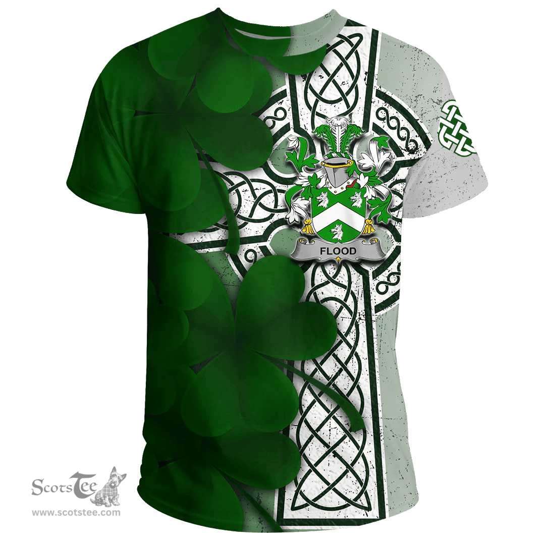 ScotsTee Shop Irish Flood Coat of Arms Irish Family Crest T Shirt Irish Shamrock Celtic Cross T Shirt