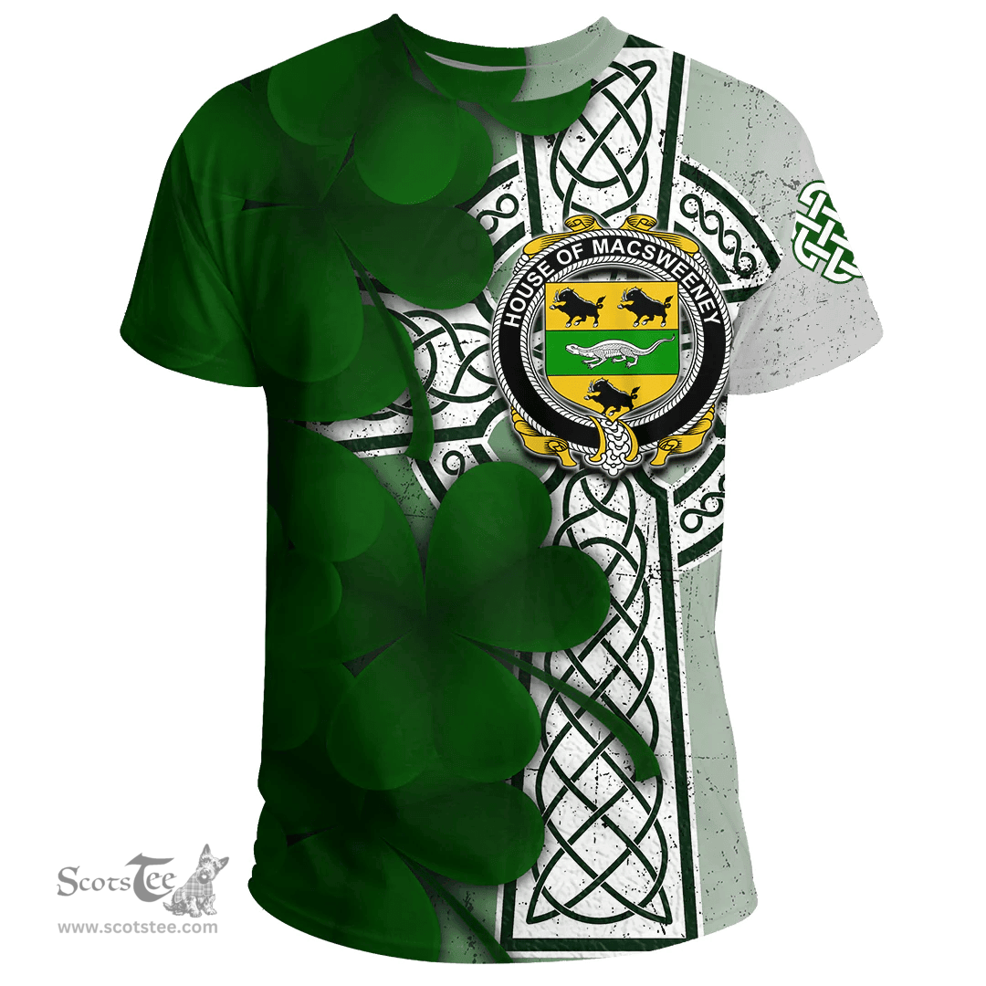 ScotsTee Shop Irish House of MACSWEENEY Coat of Arms Irish Family Crest T Shirt Irish Shamrock Celtic Cross T Shirt