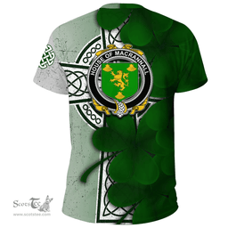 ScotsTee Shop Irish House of MACRANNALL (REYNOLDS) Coat of Arms Irish Family Crest T Shirt Irish Shamrock Celtic Cross T Shirt