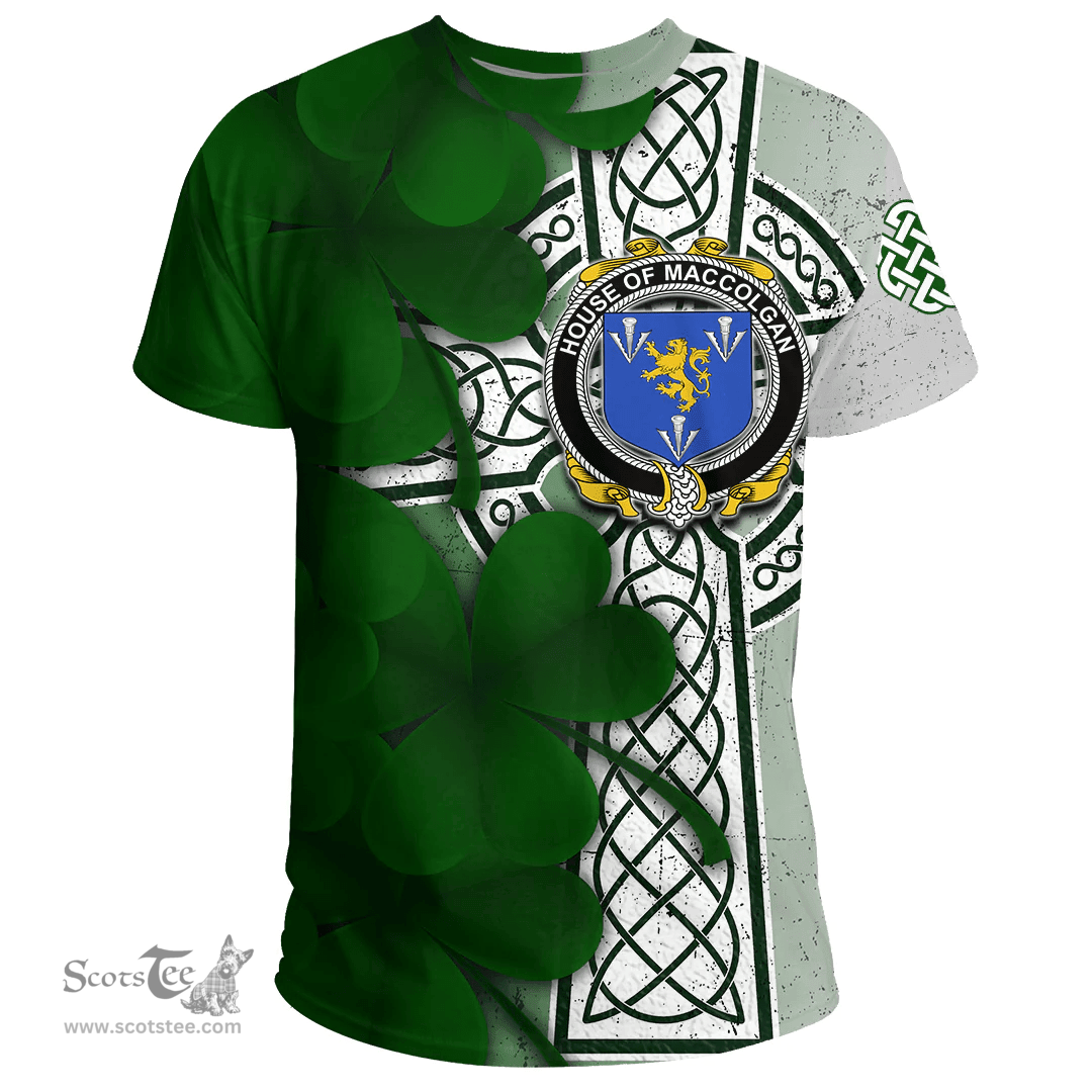 ScotsTee Shop Irish House of MACCOLGAN Coat of Arms Irish Family Crest T Shirt Irish Shamrock Celtic Cross T Shirt