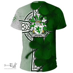 ScotsTee Shop Irish Holmes Coat of Arms Irish Family Crest T Shirt Irish Shamrock Celtic Cross T Shirt