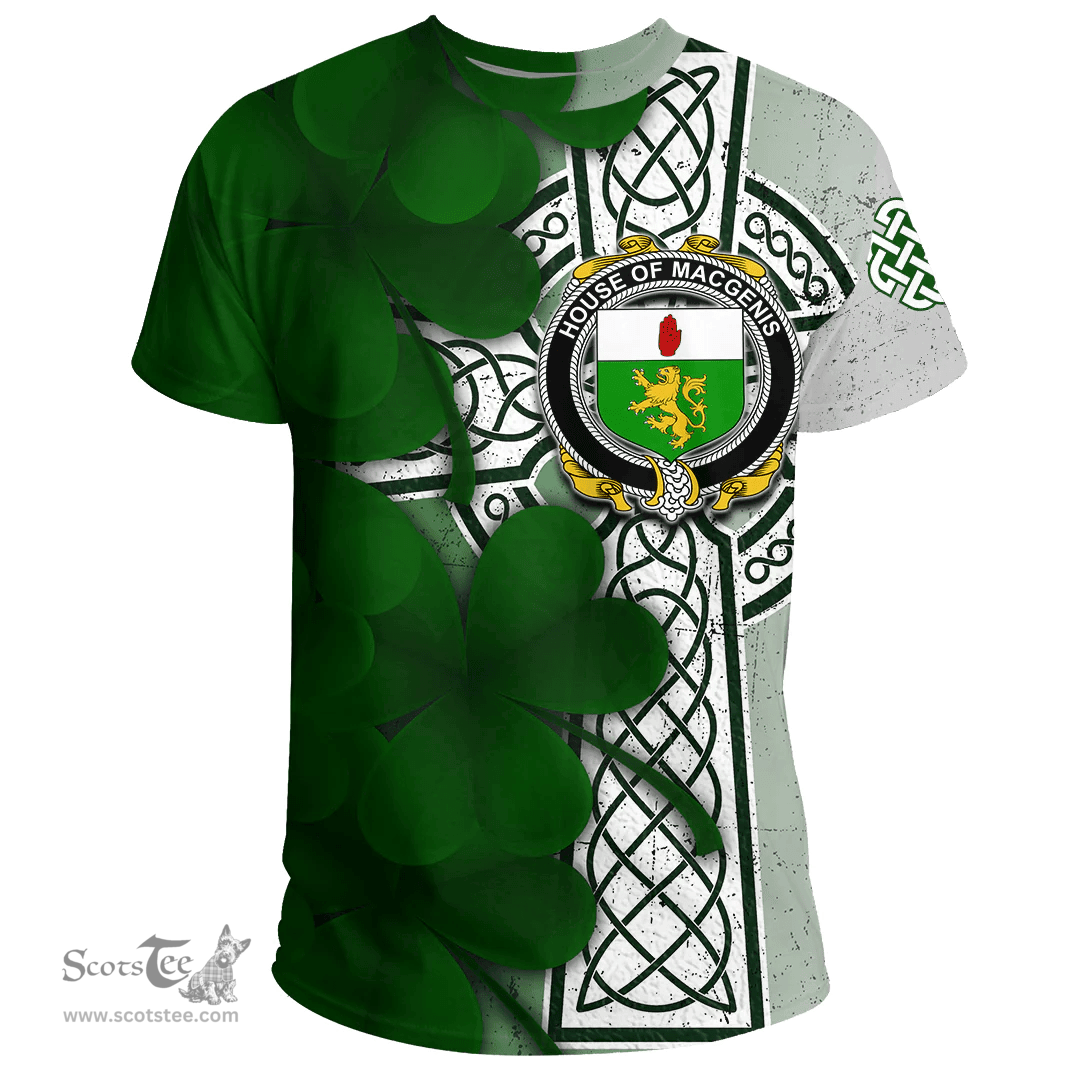 ScotsTee Shop Irish House of MACGENIS Coat of Arms Irish Family Crest T Shirt Irish Shamrock Celtic Cross T Shirt