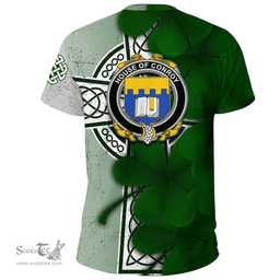 ScotsTee Shop Irish House of CONROY (O MULCONRY) Coat of Arms Irish Family Crest T Shirt Irish Shamrock Celtic Cross T Shirt
