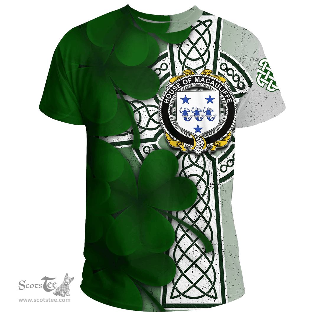 ScotsTee Shop Irish House of MACAULIFFE Coat of Arms Irish Family Crest T Shirt Irish Shamrock Celtic Cross T Shirt