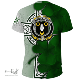 ScotsTee Shop Irish House of MANGAN Coat of Arms Irish Family Crest T Shirt Irish Shamrock Celtic Cross T Shirt