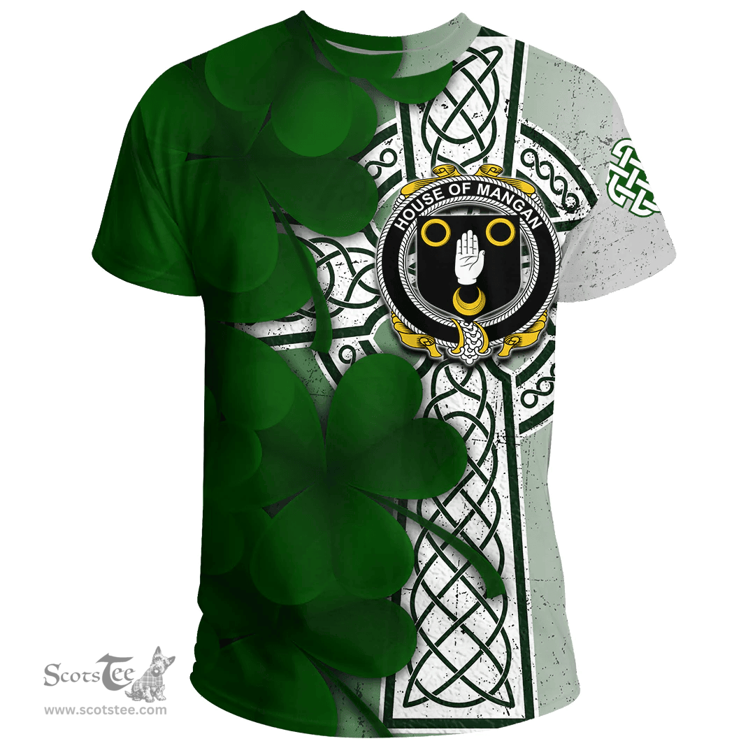 ScotsTee Shop Irish House of MANGAN Coat of Arms Irish Family Crest T Shirt Irish Shamrock Celtic Cross T Shirt