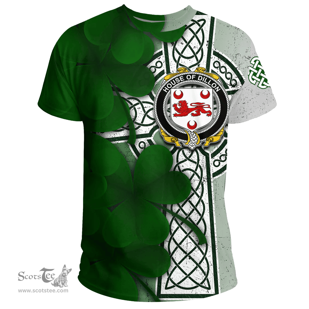 ScotsTee Shop Irish House of DILLON Coat of Arms Irish Family Crest T Shirt Irish Shamrock Celtic Cross T Shirt