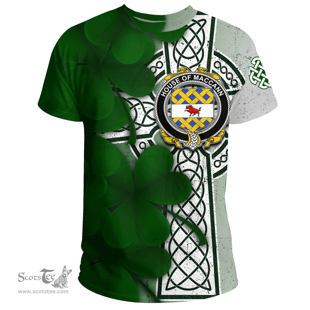 ScotsTee Shop Irish House of MACCANN Coat of Arms Irish Family Crest T Shirt Irish Shamrock Celtic Cross T Shirt