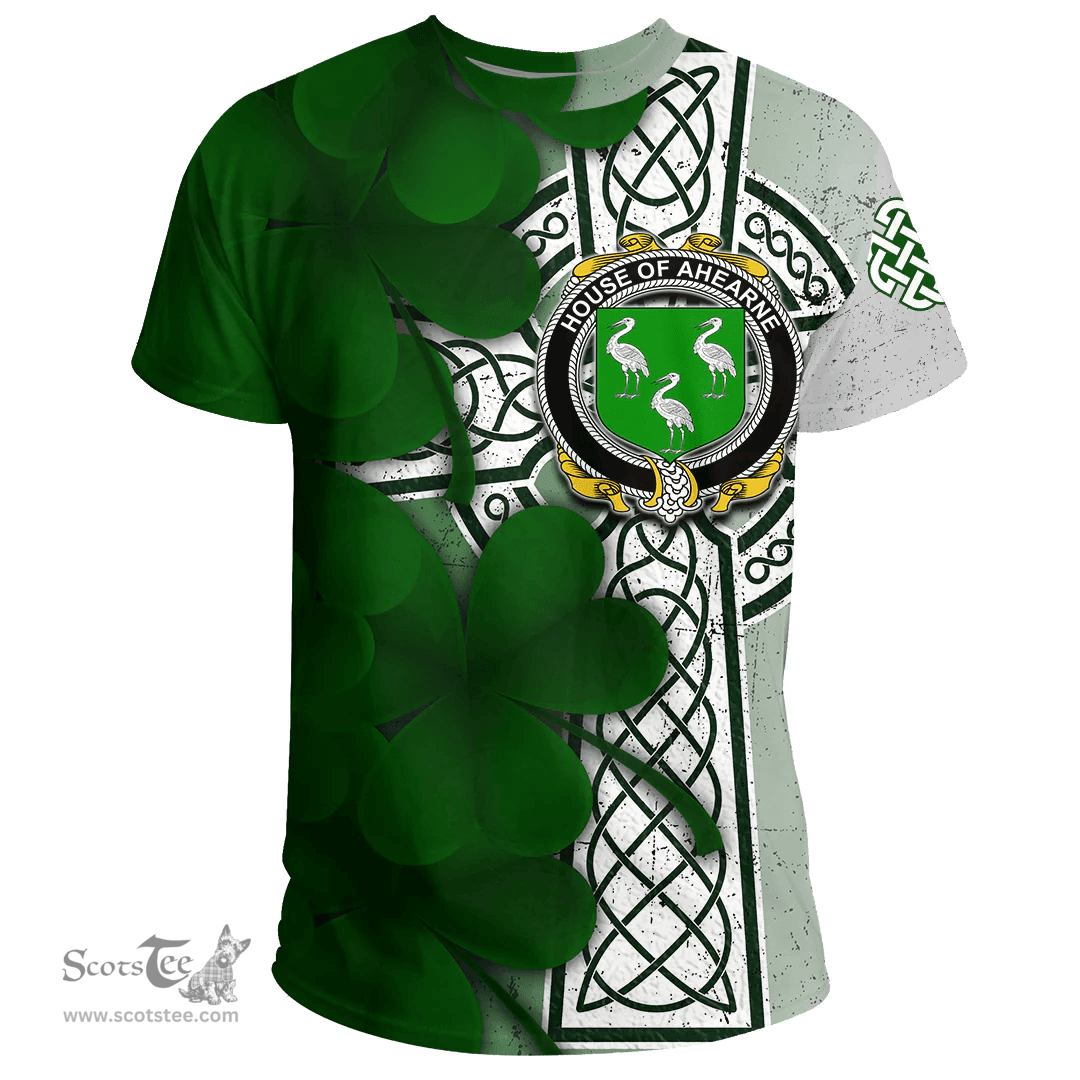 ScotsTee Shop Irish House of AHEARNE (Aherne) Coat of Arms Irish Family Crest T Shirt Irish Shamrock Celtic Cross T Shirt