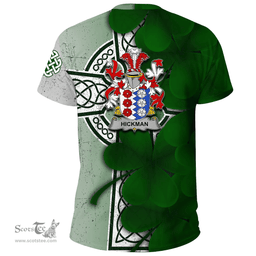 ScotsTee Shop Irish Hickman Coat of Arms Irish Family Crest T Shirt Irish Shamrock Celtic Cross T Shirt