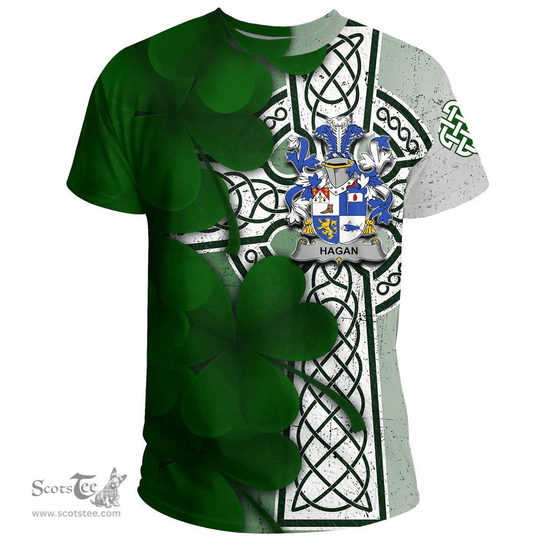 ScotsTee Shop Irish Hagan or O Hagan Coat of Arms Irish Family Crest T Shirt Irish Shamrock Celtic Cross T Shirt