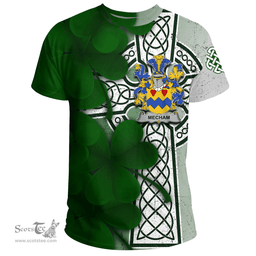 ScotsTee Shop Irish Mecham Coat of Arms Irish Family Crest T Shirt Irish Shamrock Celtic Cross T Shirt