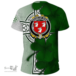 ScotsTee Shop Irish House of RYAN (O Mulrian) Coat of Arms Irish Family Crest T Shirt Irish Shamrock Celtic Cross T Shirt