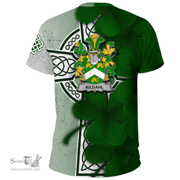 ScotsTee Shop Irish Kildahl Coat of Arms Irish Family Crest T Shirt Irish Shamrock Celtic Cross T Shirt