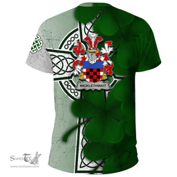 ScotsTee Shop Irish Micklethwait Coat of Arms Irish Family Crest T Shirt Irish Shamrock Celtic Cross T Shirt