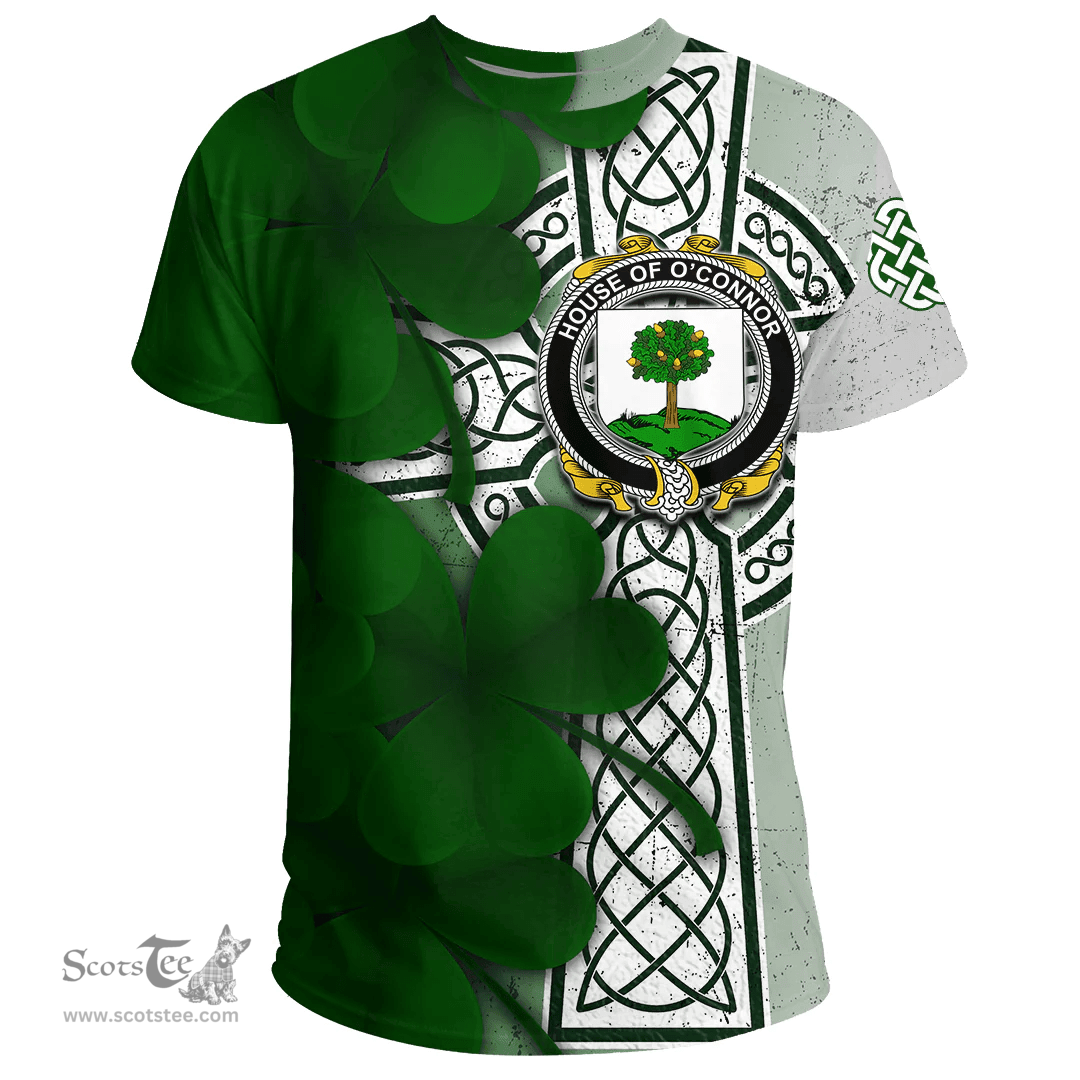 ScotsTee Shop Irish House of O CONNOR (Faly) Coat of Arms Irish Family Crest T Shirt Irish Shamrock Celtic Cross T Shirt