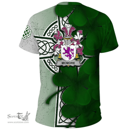 ScotsTee Shop Irish McMore or More Coat of Arms Irish Family Crest T Shirt Irish Shamrock Celtic Cross T Shirt