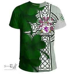 ScotsTee Shop Irish McMore or More Coat of Arms Irish Family Crest T Shirt Irish Shamrock Celtic Cross T Shirt