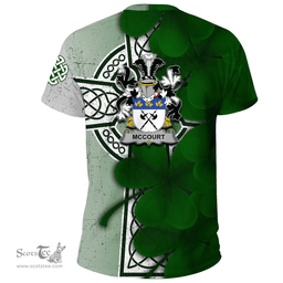 ScotsTee Shop Irish McCourt Coat of Arms Irish Family Crest T Shirt Irish Shamrock Celtic Cross T Shirt