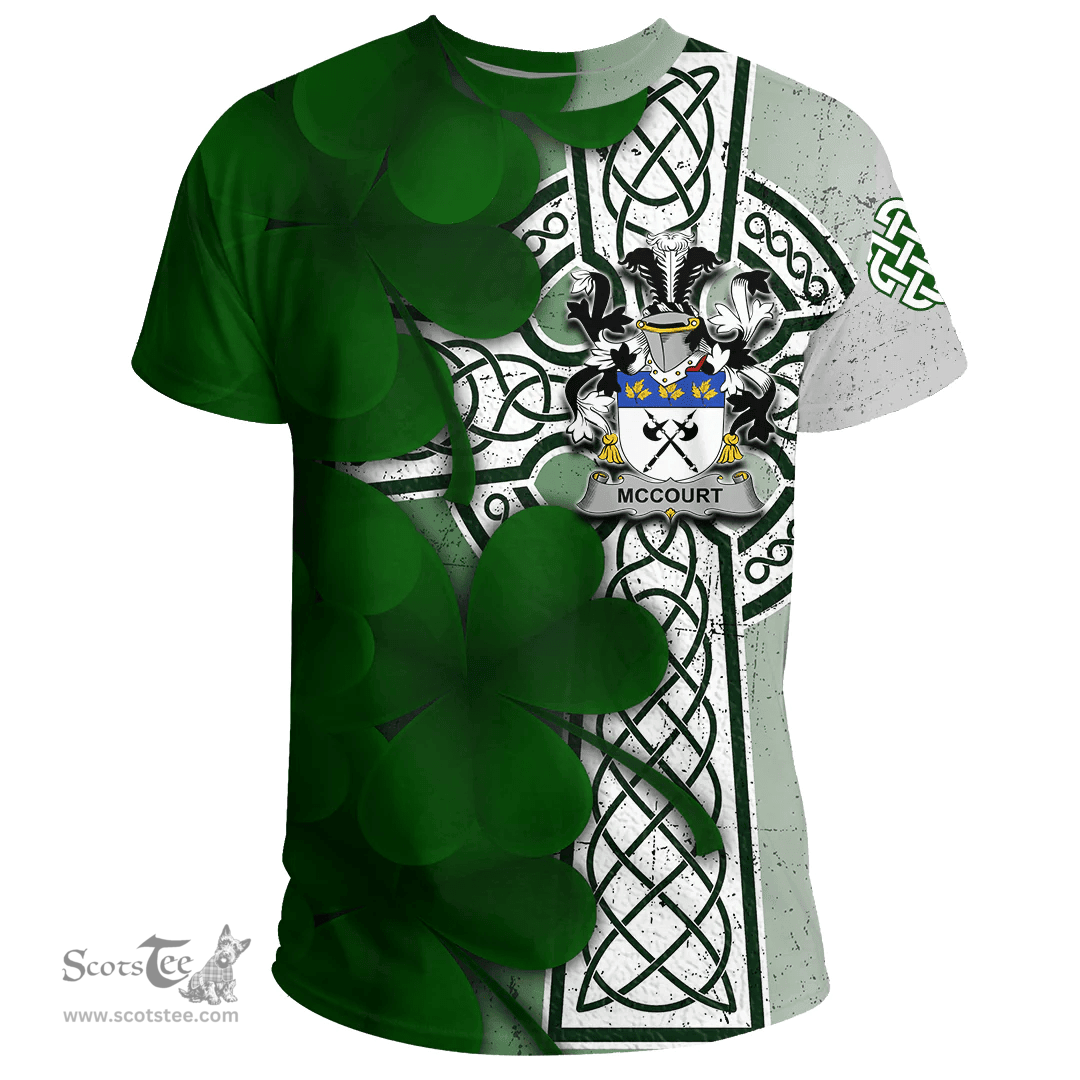 ScotsTee Shop Irish McCourt Coat of Arms Irish Family Crest T Shirt Irish Shamrock Celtic Cross T Shirt