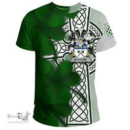 ScotsTee Shop Irish McCourt Coat of Arms Irish Family Crest T Shirt Irish Shamrock Celtic Cross T Shirt