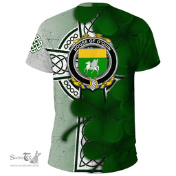 ScotsTee Shop Irish House of O QUIN (Annaly) Coat of Arms Irish Family Crest T Shirt Irish Shamrock Celtic Cross T Shirt