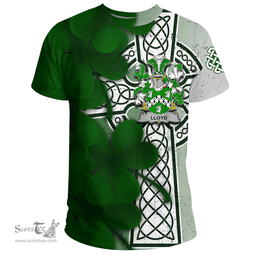 ScotsTee Shop Irish Lloyd Coat of Arms Irish Family Crest T Shirt Irish Shamrock Celtic Cross T Shirt