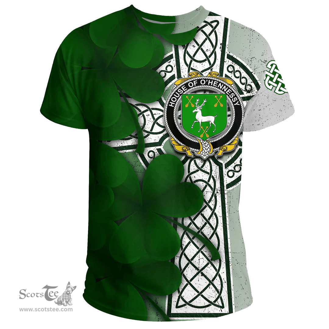 ScotsTee Shop Irish House of O HENNESSY Coat of Arms Irish Family Crest T Shirt Irish Shamrock Celtic Cross T Shirt