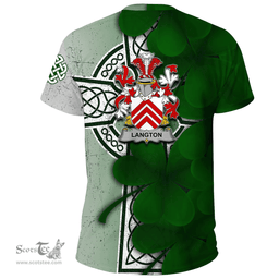 ScotsTee Shop Irish Langton Coat of Arms Irish Family Crest T Shirt Irish Shamrock Celtic Cross T Shirt